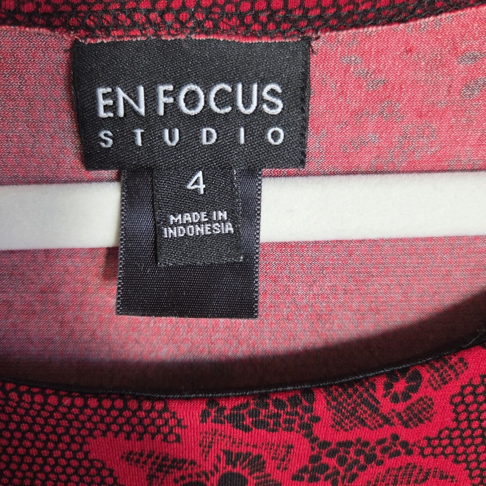 Enfocus Studio Red Black Floral Soft Stretch 3/4 Sleeve Midi Dress Size 4 - Picture 5 of 10
